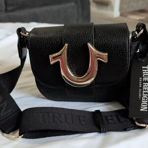 True Religion Black Crossbody Bag with Gold Horseshoe Accent